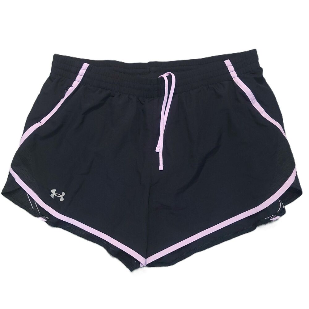 Under Armour Fly By 2.0 Running Shorts Women L Drawstring Loose Lined Black Pink